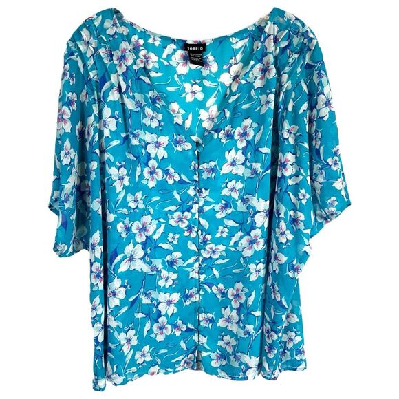 Torrid Plus Size 2X Top Floral Print Georgette Blue Chiffon Pintucked 1433 - Picture 11 of 11